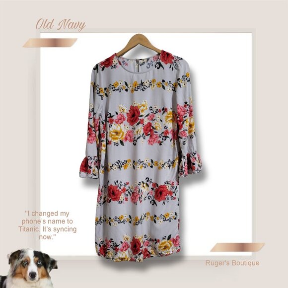 🌿Old Navy Womens Medium Tall Shift Dress 3/4 Bell Sleeves Gray Floral Print - Picture 11 of 12
